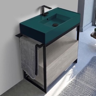 Console Bathroom Vanity Green Sink Bathroom Vanity, Floor Standing, Modern, Grey Oak, 35